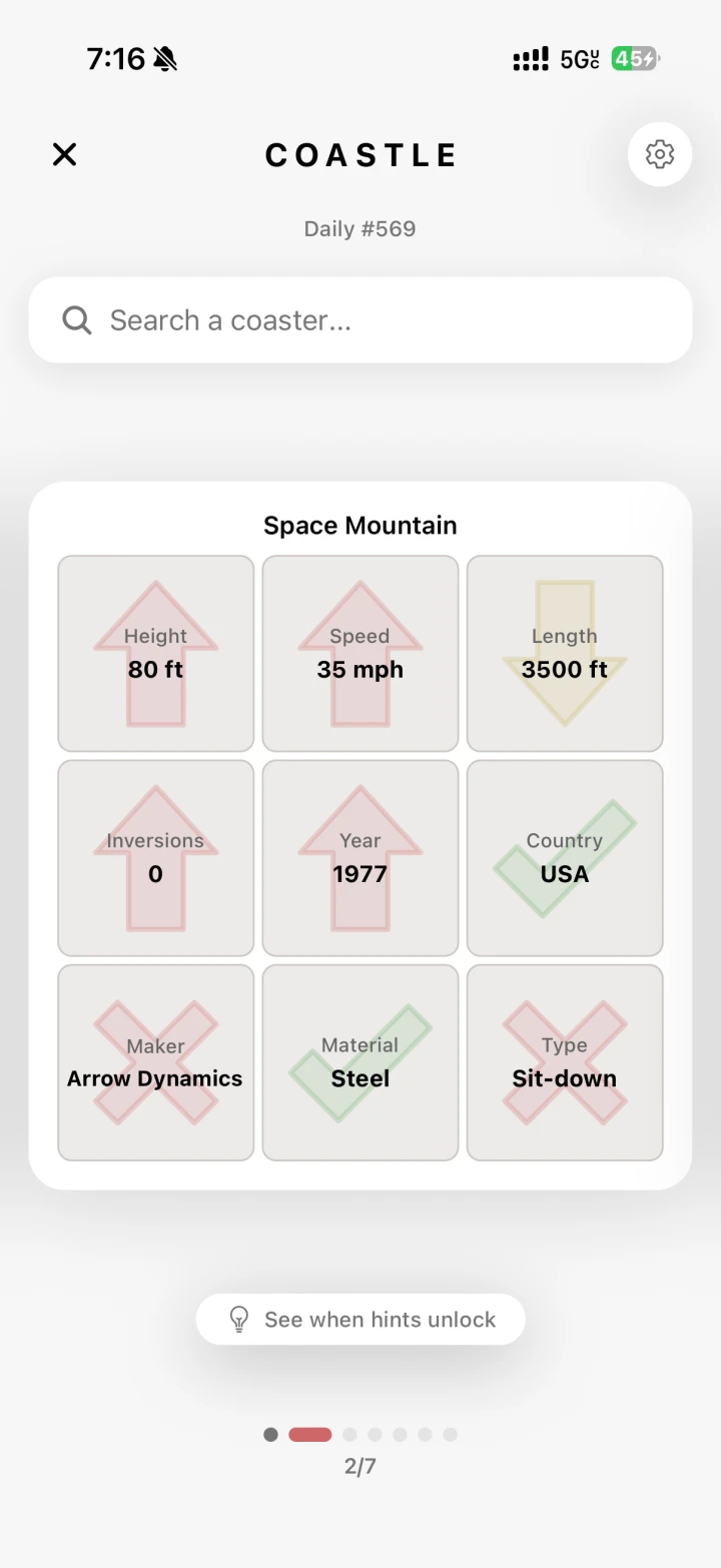 Coastle, the daily coaster guessing game in TrackR, showing its guess grid.