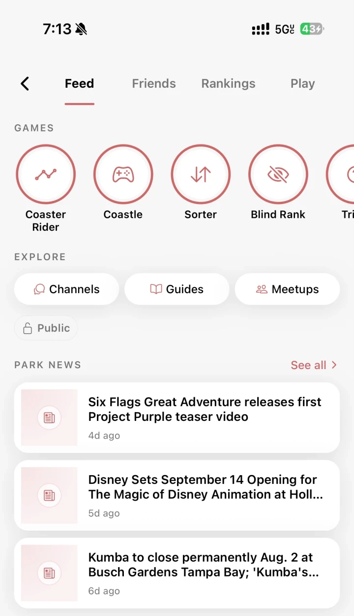 The top of the TrackR community tab showing daily games, places to explore, and park news.